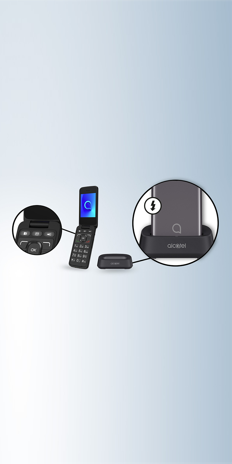 Cámara 2MP con flash botón SOS Alcatel 3026 Teléfono móvil de fácil uso con tapa y base para cargar teclas grandes Gris metálico