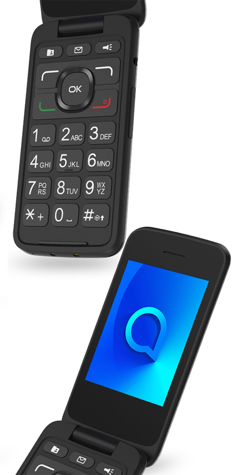 Cámara 2MP con flash botón SOS Alcatel 3026 Teléfono móvil de fácil uso con tapa y base para cargar teclas grandes Gris metálico